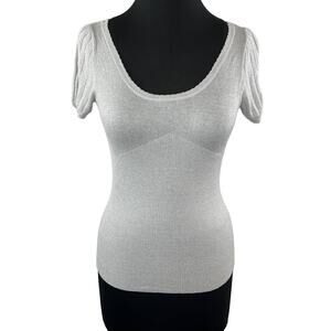 La Feta Paris Gray Silver Viscose Knit Puff Sleeve Scoop Blouse Slim-Fit 36 S